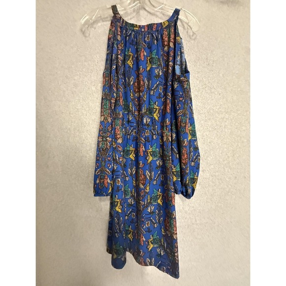 Skies Are Blue Dress Womens Medium Blue Floral Cold Shoulder Boho Fit Flare - Picture 10 of 14